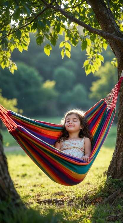 niña balancea en hamaca roja
